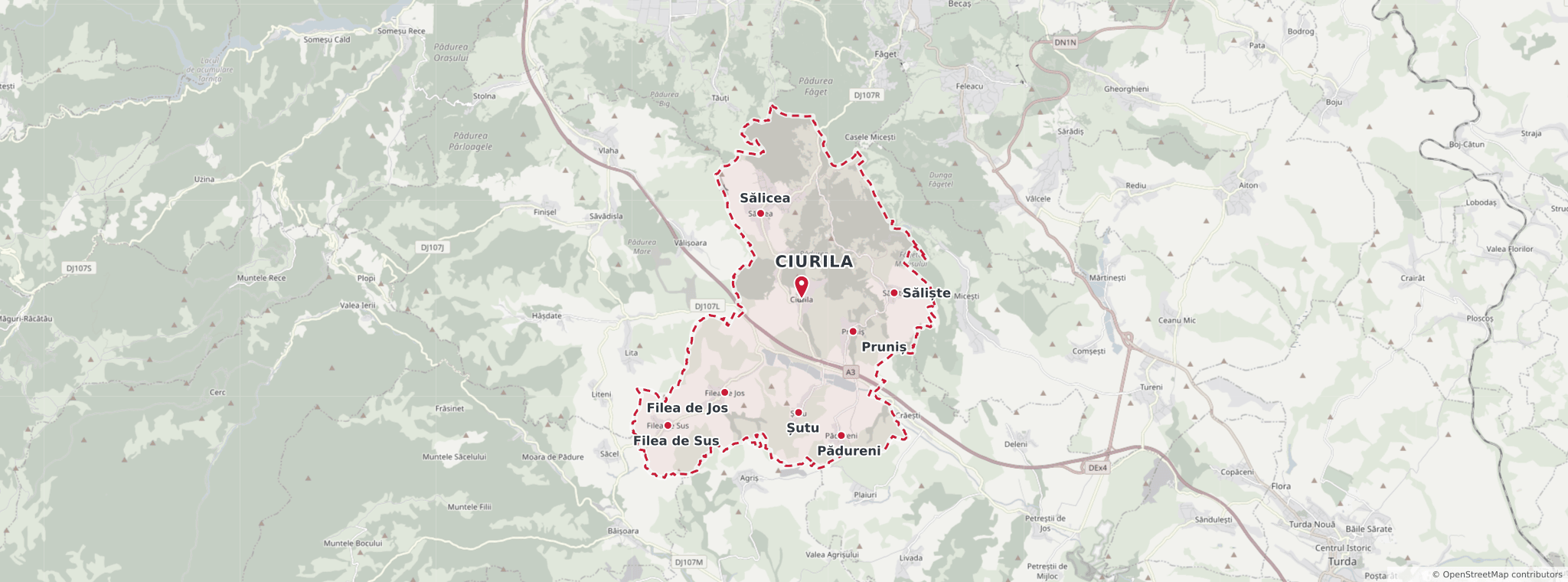 Harta comunei Ciurila, judetul Cluj, cu limita administrativa a comunei