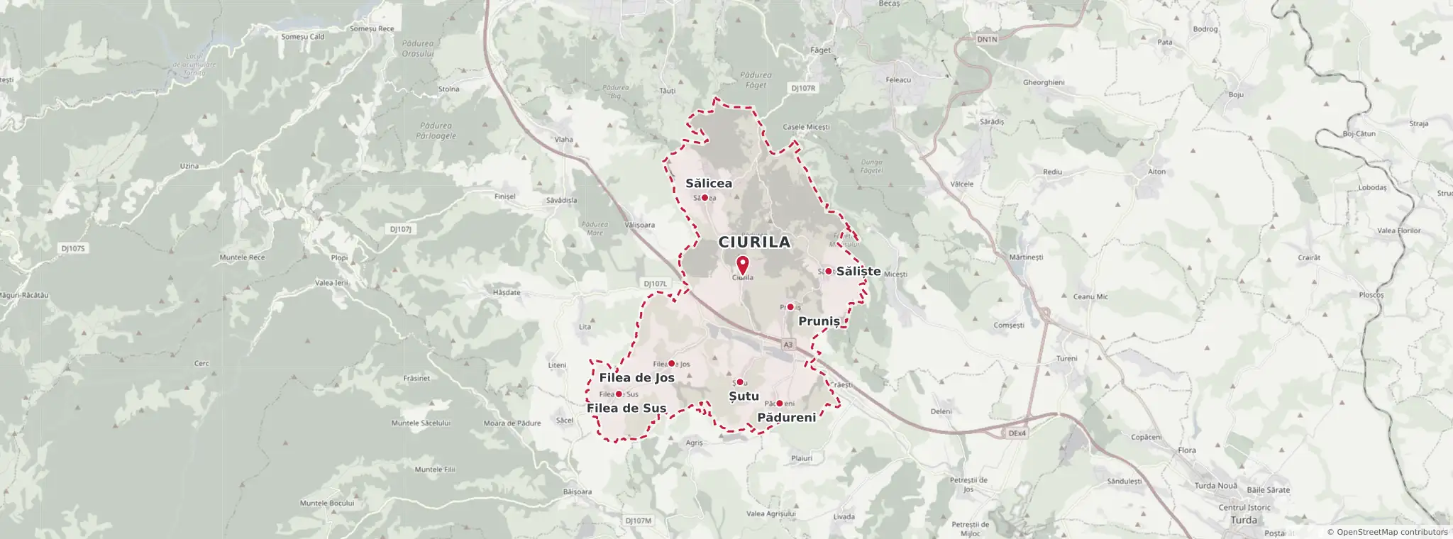 Harta comunei Ciurila, judetul Cluj, cu limita administrativa a comunei